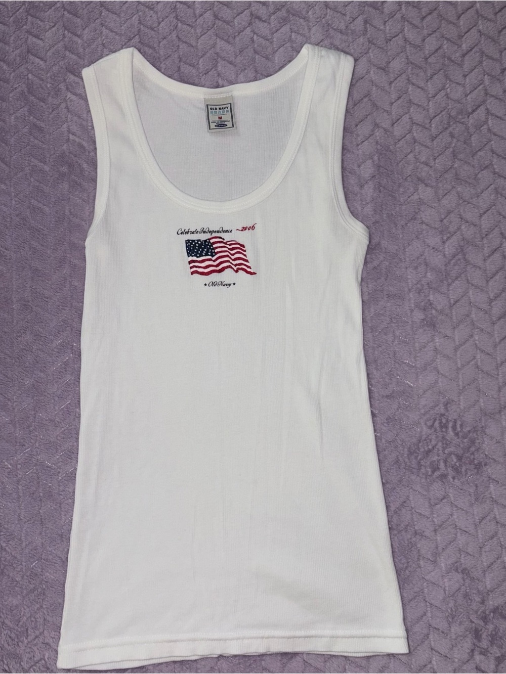 Old Navy Vintage White Tank Top with Embroidered Flag